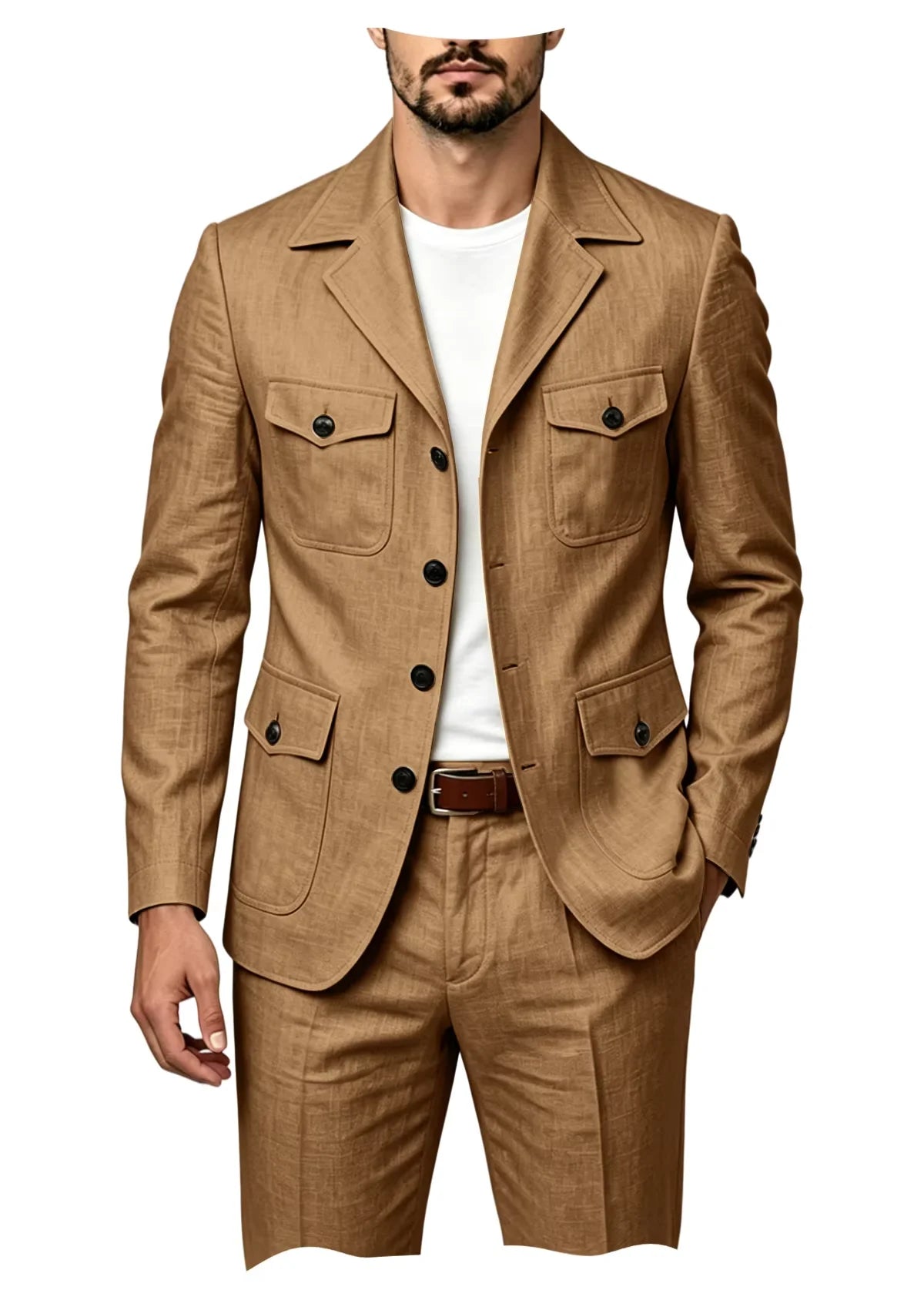 Men's Grey Linen Blend Suit 2 Piece Multi Pocket Peak Lapel Blazer pants Set Lightweight formal Suit for Summer Business Casual