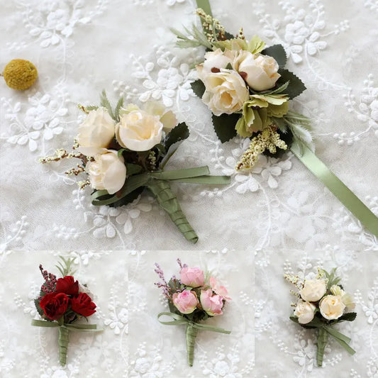 Groom Boutonniere Man Pin Suit Corsage Bridal Buttonhole Wedding Wrist Flower Party Mariage Decor Artificial Silk Rose Flowers