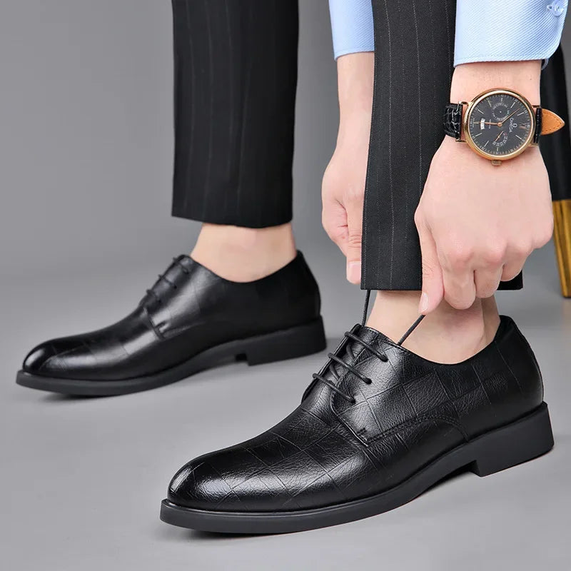 Spring 2025 Men's Leather Shoes Genuine Leather Business Formal Increased Height Wedding Groomsmen Pointed Toe Marital Shoes