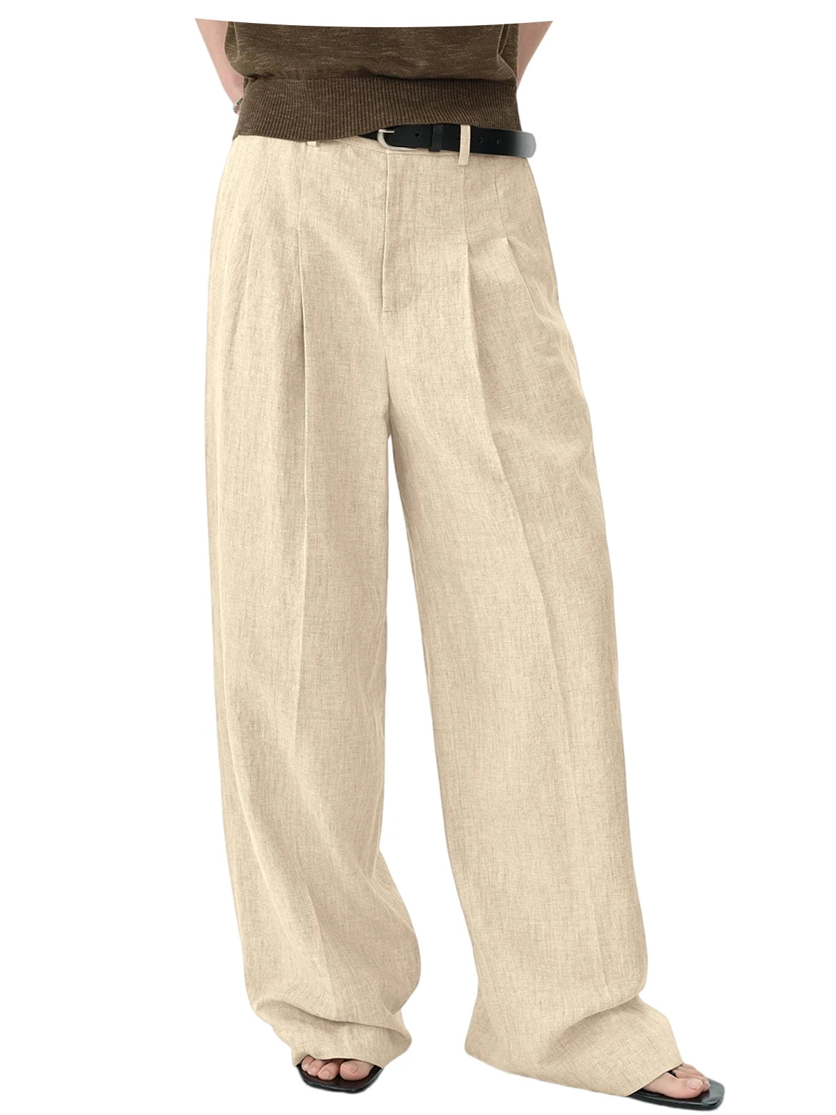 Men Linen Wide Leg Pants High Waist Pleated Casual Trousers Breathable Loose Straight Suit Pants Streetwear
