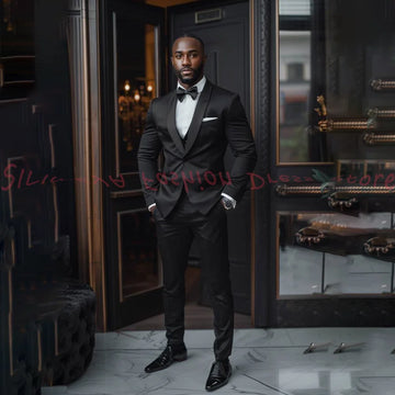 Slim Fit Casual Men's 2 Pieces Suit Black Jacket Pants One Button Shawl Lapel Blazer Pants Business Formal Wedding Groom Tuxedos