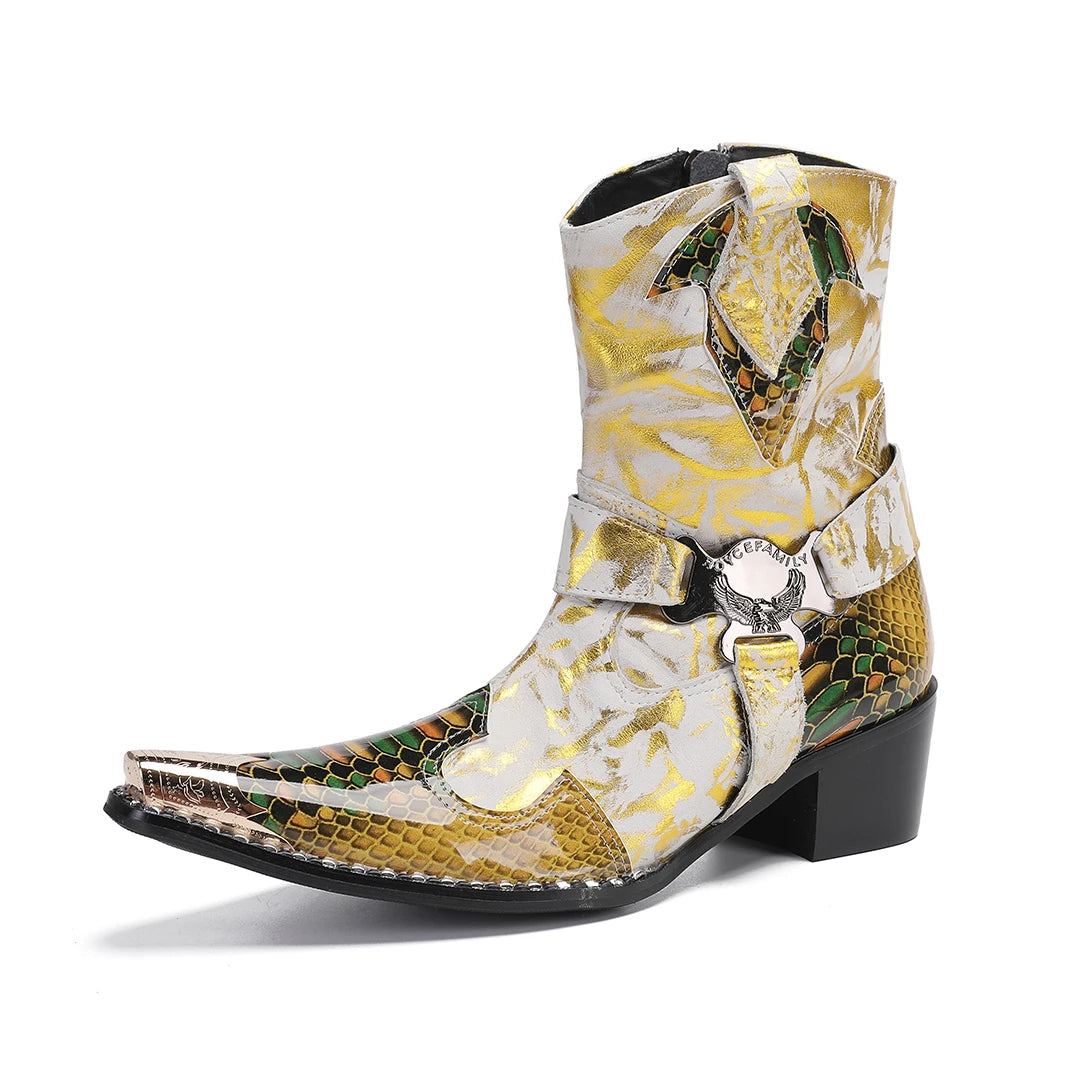 Splicing pointed men's side zipper genuine leather shoes, knight boots, gold printed stage banquet high-heeled men's boots