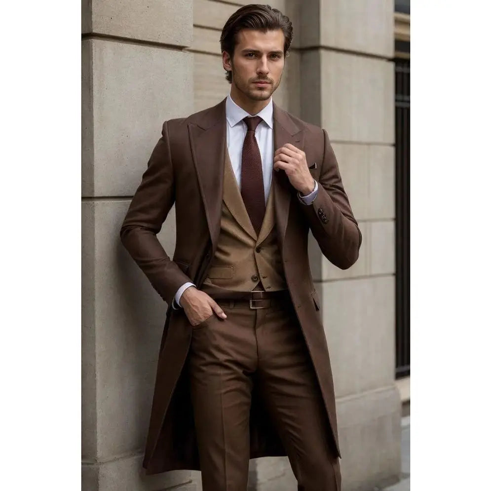 Handsome Brown Tailcoat Men Suit Single-breasted Peak Lapel 3 Pieces(Jacket+Pants+Vest) Male Formal Wedding Party Set