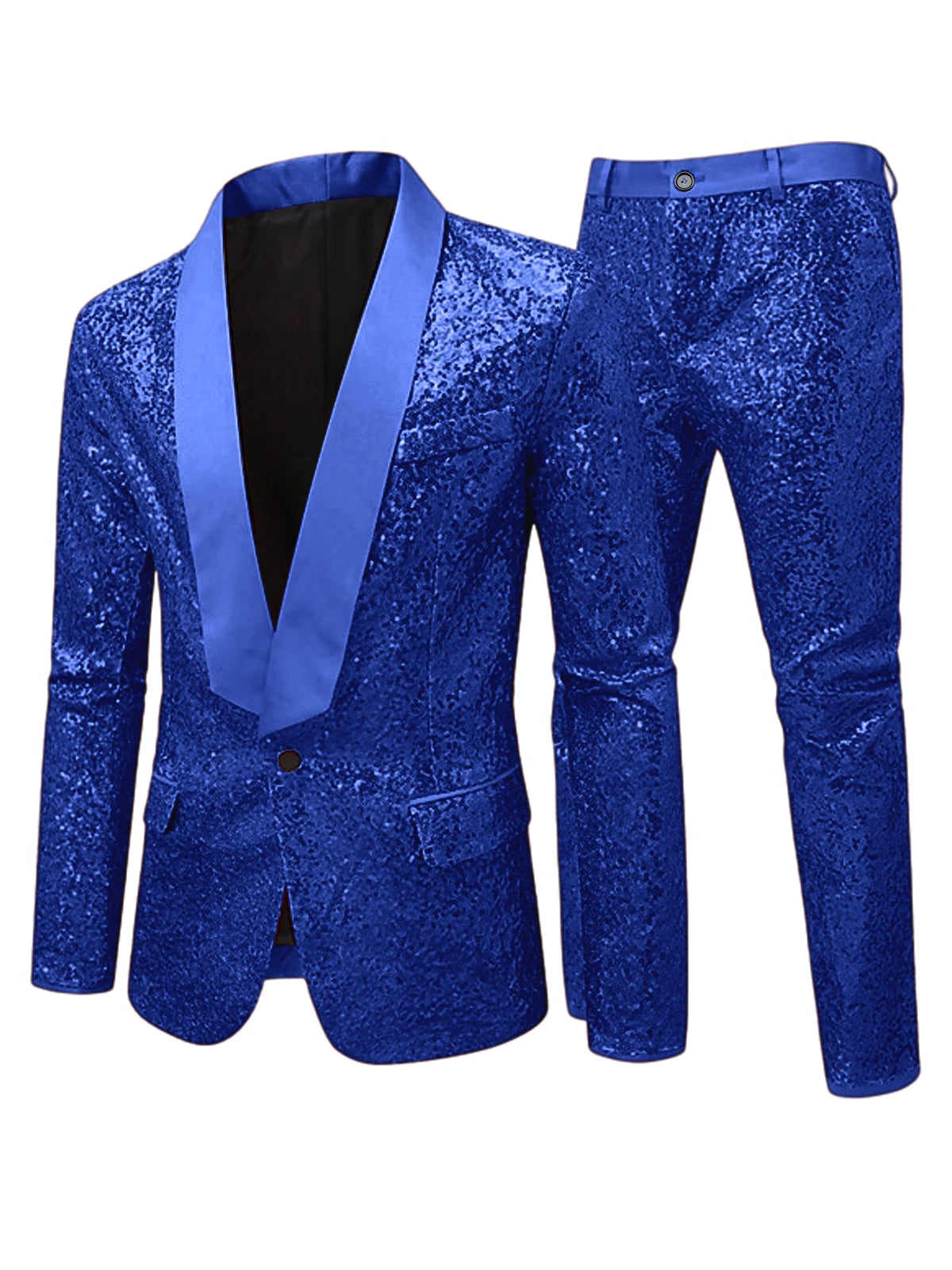 Men's Sequin Tuxedo Suit Set Shiny One Button Satin Patchwork Shawl Lapel Slim Fit 2 Piece Blazer Pants For Wedding Party Prom