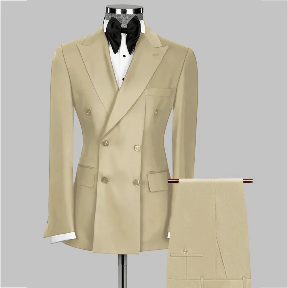 Peaked Lapel Slim Men's Suit High Quality Outfit Blazer Set Double Breasted Pleat Business Casual Formal Wedding Clothes