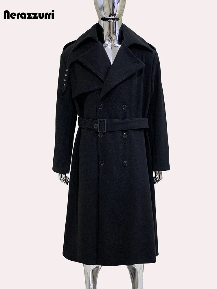 Nerazzurri Autumn Winter Long Oversized Black Warm Woolen Coat Men Belt Chic Luxury Designer Clothes Wool Blends Overcoat 2024