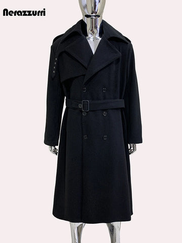 Nerazzurri Autumn Winter Long Oversized Black Warm Woolen Coat Men Belt Chic Luxury Designer Clothes Wool Blends Overcoat 2024