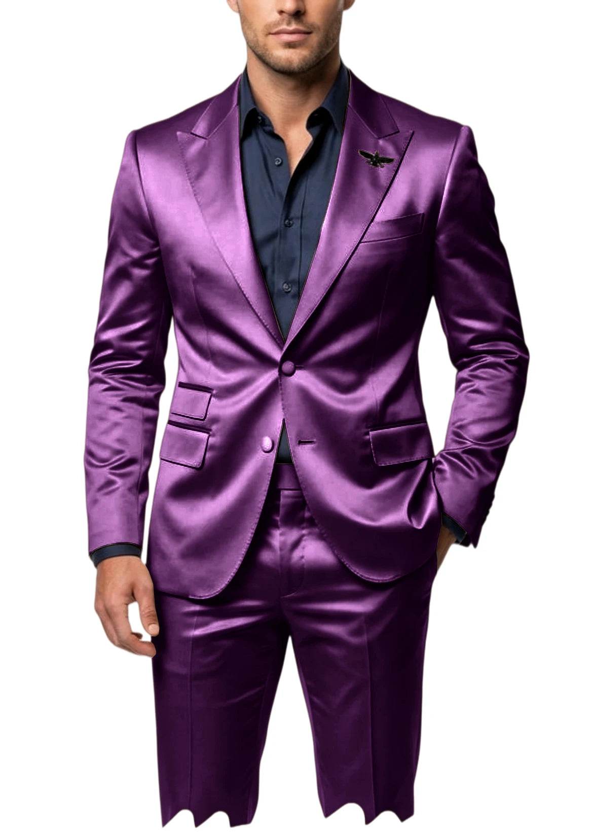Men's Satin 2-Piece Suit Set Slim Fit Peak Lapel Tuxedo Blazer With Straight Leg Pants For Wedding Party Formal Wear
