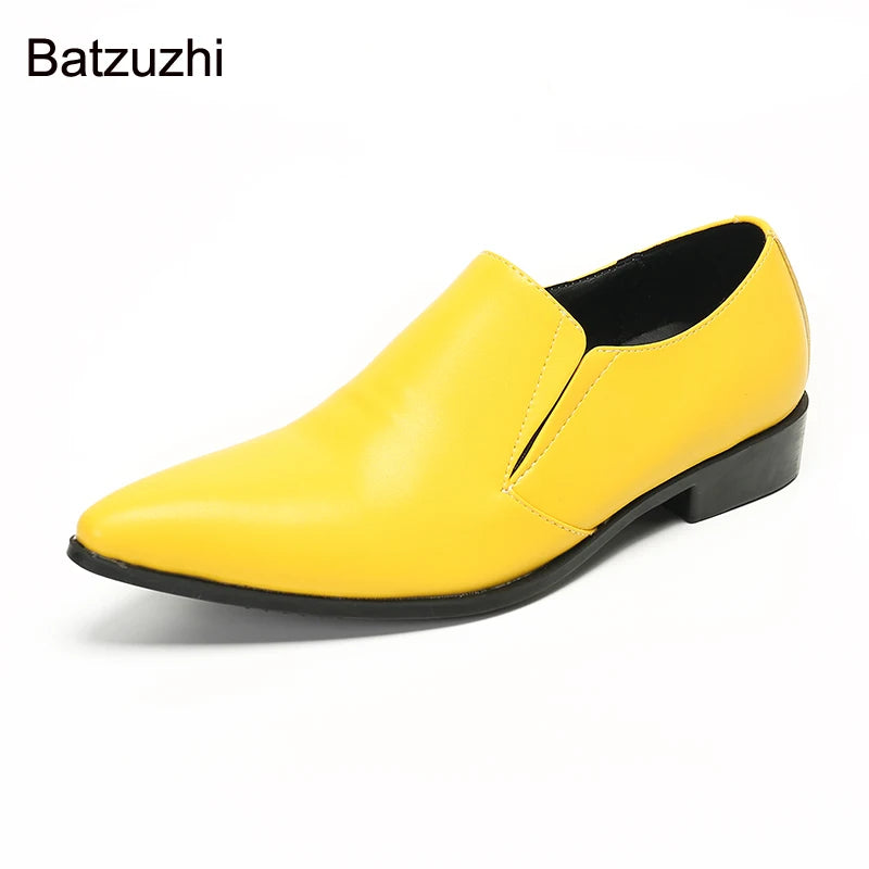 Batzuzhi Fashion Handmade Men's Shoes Bright Color Yellow Men Leather Dress Shoes Pointed Toe Party and Wedding Shoes Male!