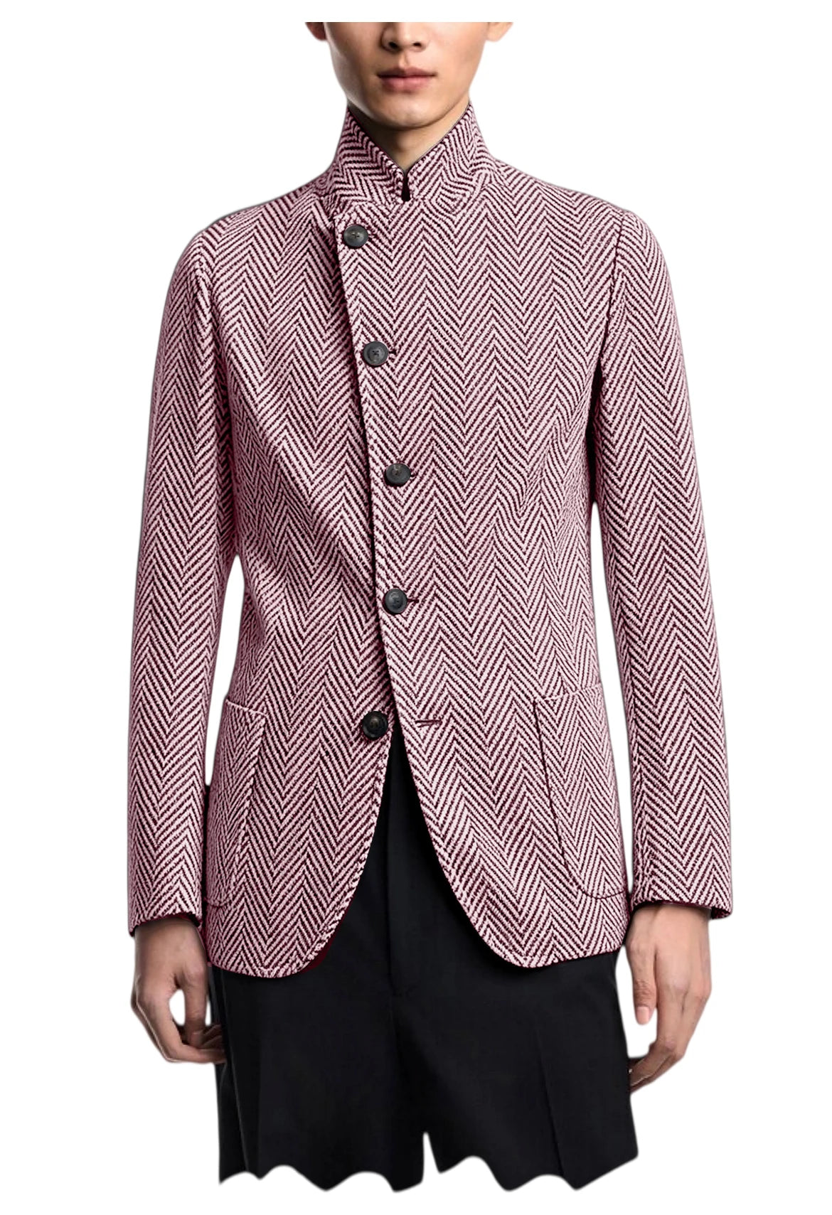 Vintage Men's Herringbone Jacket Stand Collar Slim Fit Wool Blend Formal Blazer Fashion British Style Sport Coat Business Casual