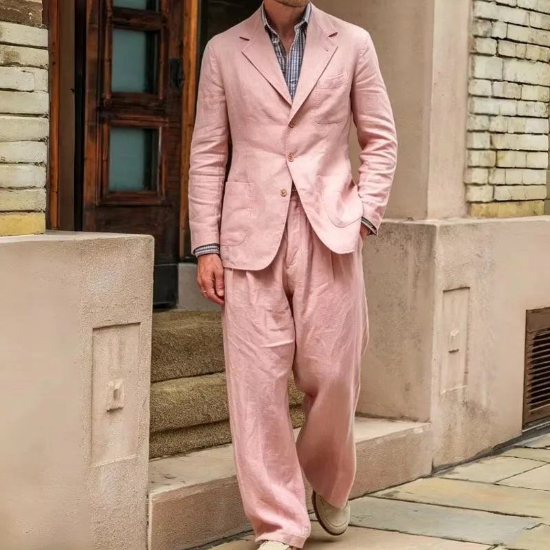 Men's Linen Suit 2 Pieces Luxury Slim Fit Casual Blazer Straight Leg Pants Breathable Wrinkle Resistant Lightweight For Wedding