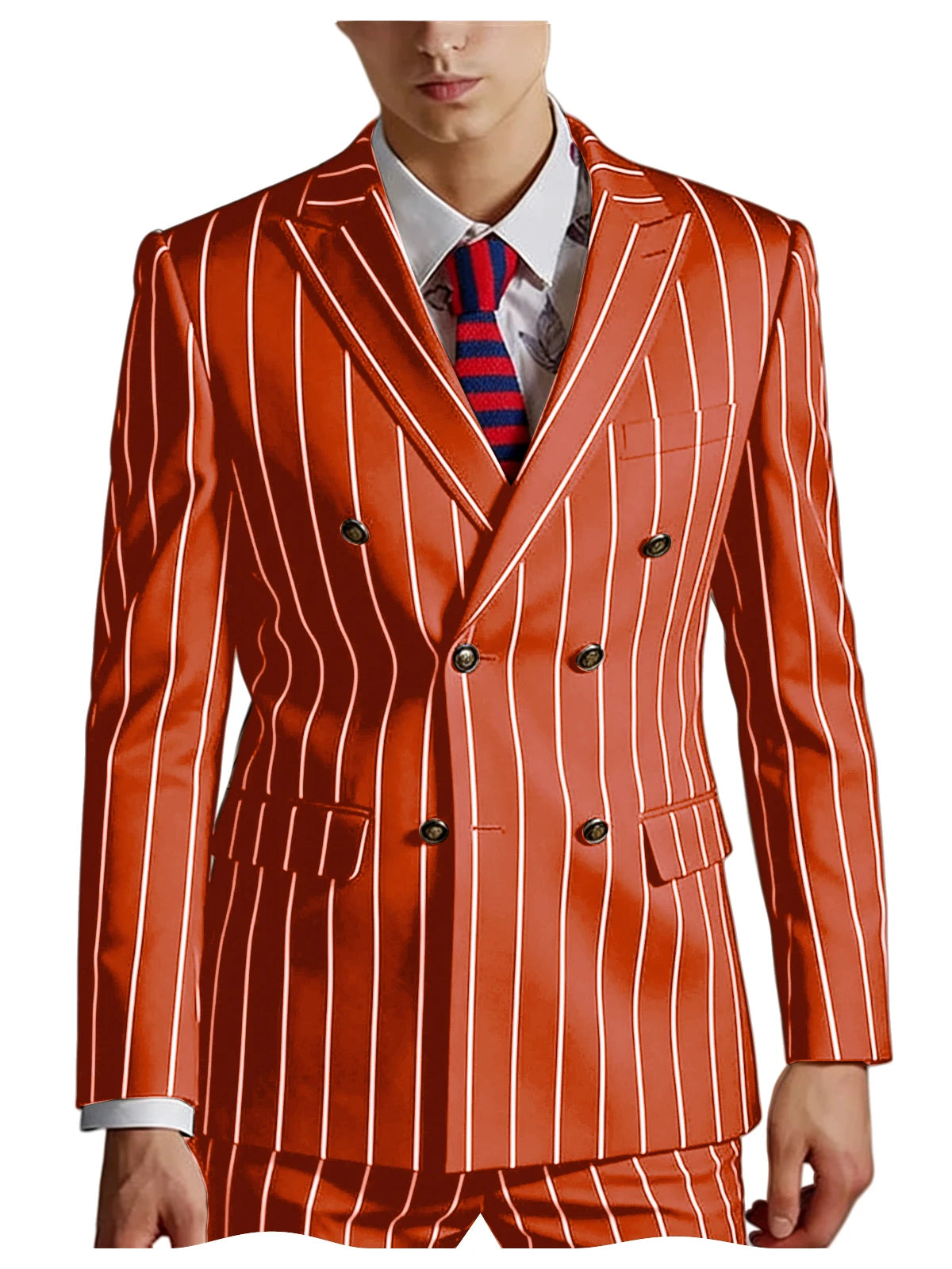 Men's Pinstripe 2 Piece Suit Set Double Breasted Peak Lapel Slim Fit Striped Tuxedo Suit For Wedding Prom Business Formal
