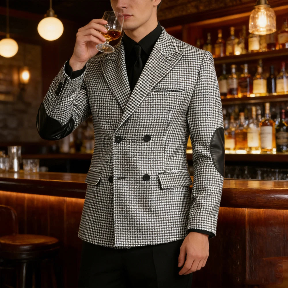 Men's Houndstooth Double Breasted Blazer with Leather Elbow Patches Peak Lapel Sport Coat Formal Business Wedding Suit Jacket