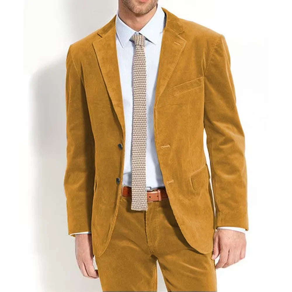 Men's Velvet Suit Vintage Solid Color Slim Fit Notched Lapel 2 Piece Jacket Pants Formal Set For Groom Wedding Business Casual