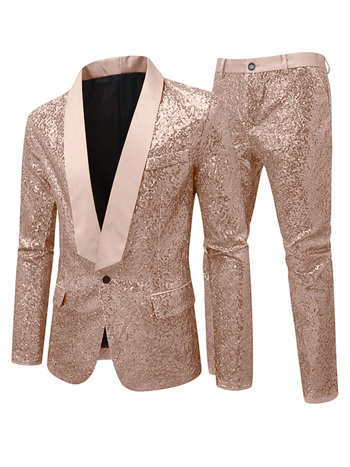 Men's Sequin Tuxedo Suit Set Shiny One Button Satin Patchwork Shawl Lapel Slim Fit 2 Piece Blazer Pants For Wedding Party Prom