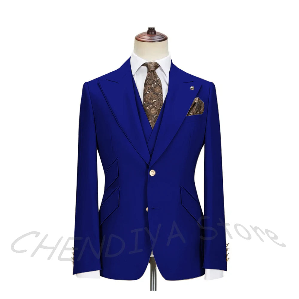 Solid Color Men's Suits 3 Piece (Blazer+Pants+Vest) Fashion Peak Lapel Single Breasted Prom Male  Business Casual Clothing