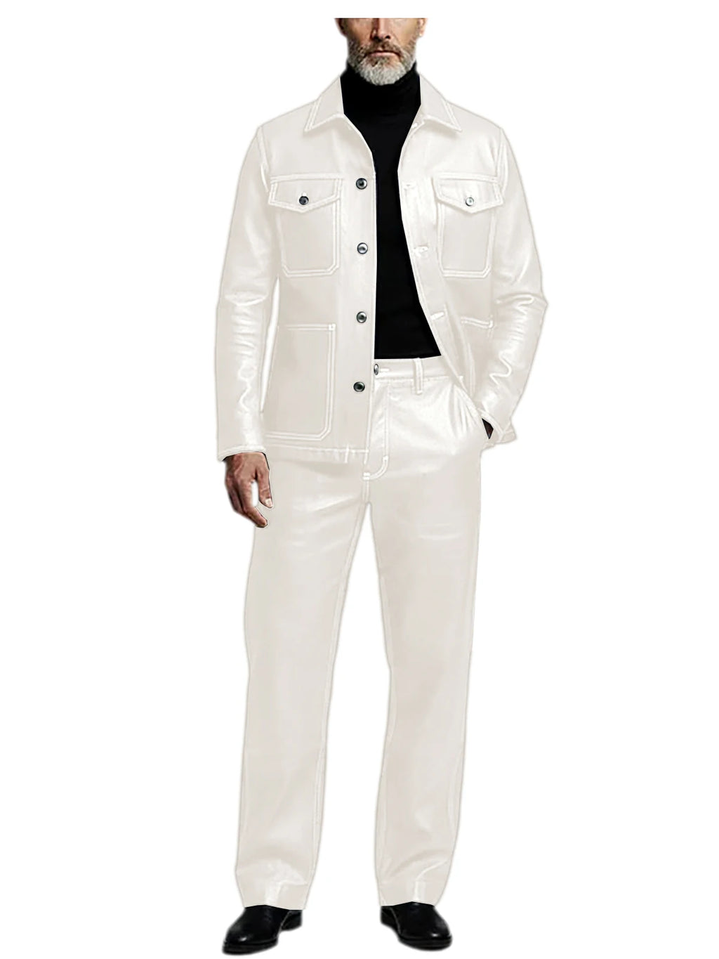 Men's 2 Piece PU Leather Suit Set Multi Pocket Shirt Collar Trucker Jacket Straight Leg Pants Business Casual Streetwear Outfits