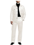 Men's 2 Piece PU Leather Suit Set Multi Pocket Shirt Collar Trucker Jacket Straight Leg Pants Business Casual Streetwear Outfits