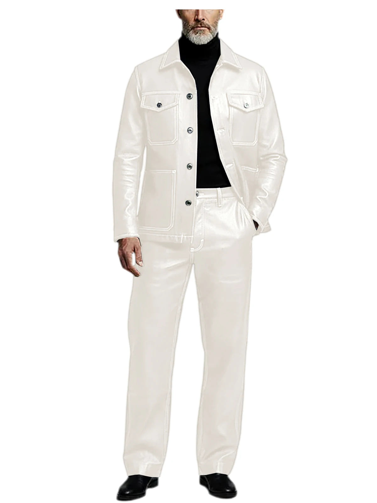 Men's 2 Piece PU Leather Suit Set Multi Pocket Shirt Collar Trucker Jacket Straight Leg Pants Business Casual Streetwear Outfits