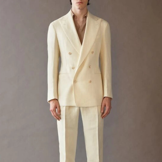 High End Suit For Men Linen Cream Double Breasted Tuxedo Wedding Party Prom Beach Casual Business Suit two Piece Jacket Pant