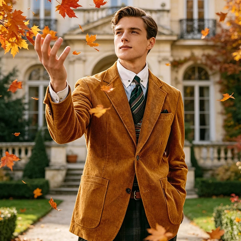 Men's Corduroy Blazer British Style Notched Lapel Casual Slim Fit Suit Jacket For Business Wedding Daily Wear Party