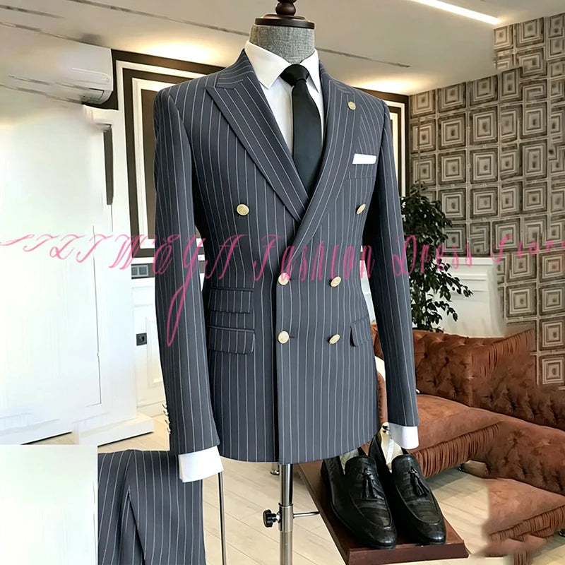 2025 Men's High-End Boutique Suit Stripe Trousers Set Wedding Party Fashion Business Casual Trendy Two-Piece Ensemble