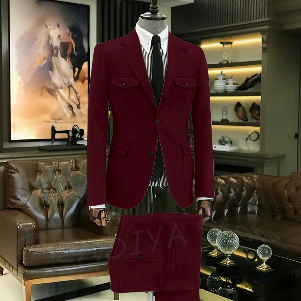Customized Men Suits Solid Color Four Pockets Notch Lapel Outfits Formal Party Prom Daily Male Sets Two Piece(Blazer+Pants)