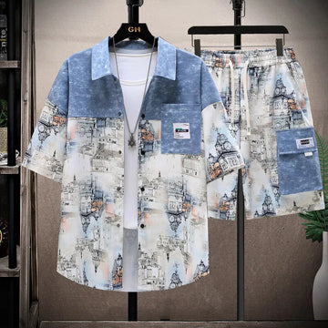 Shirts + shorts 2025 summer Sportswear Men's fashion short sleeve printing Sets Male shirts and shorts Casual Shirts Two Piece