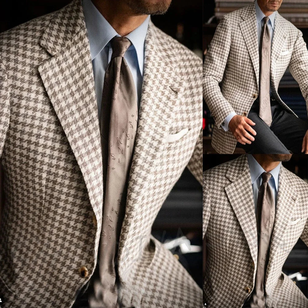 Chic Houndstooth Man Suit Costume Notch Lapel Single Breasted High Quality Slim Fit Outfit Business Office Formal Clothes