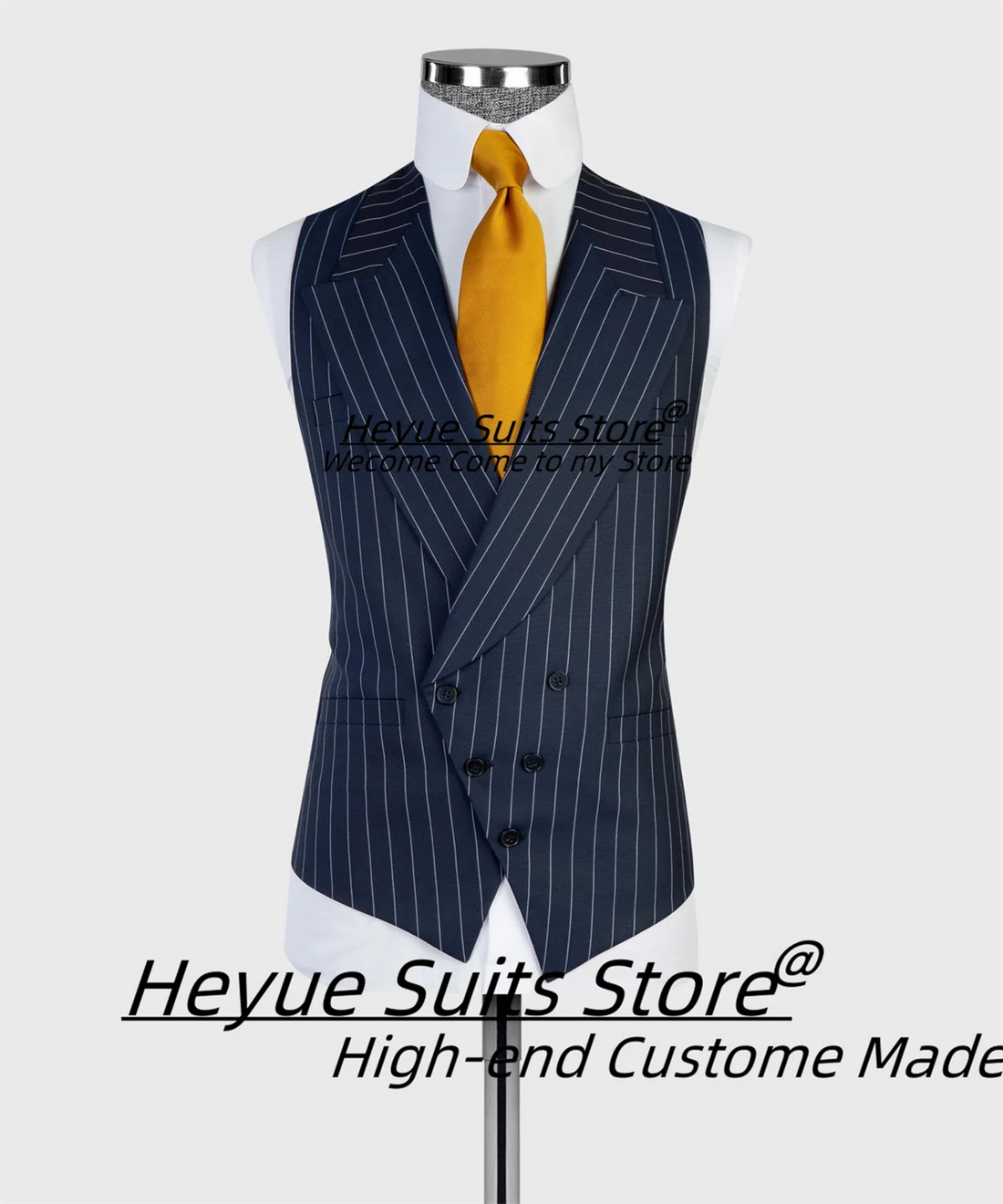 Business Navy Blue Stripe Men Suits Slim Peak Lapel Groom Wedding Tuxedos 3 Pieces Sets Male Prom Blazers Customized Ropa Hombre
