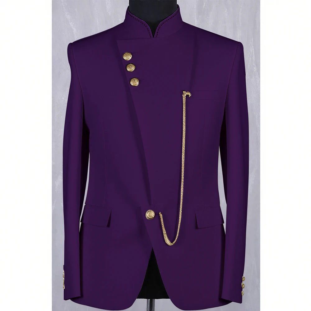 High Quality Blue Men Suit Casusl Blazer Single Breasted Stand Collar African Slim Fit Modern Style Outfits Jacket Pants