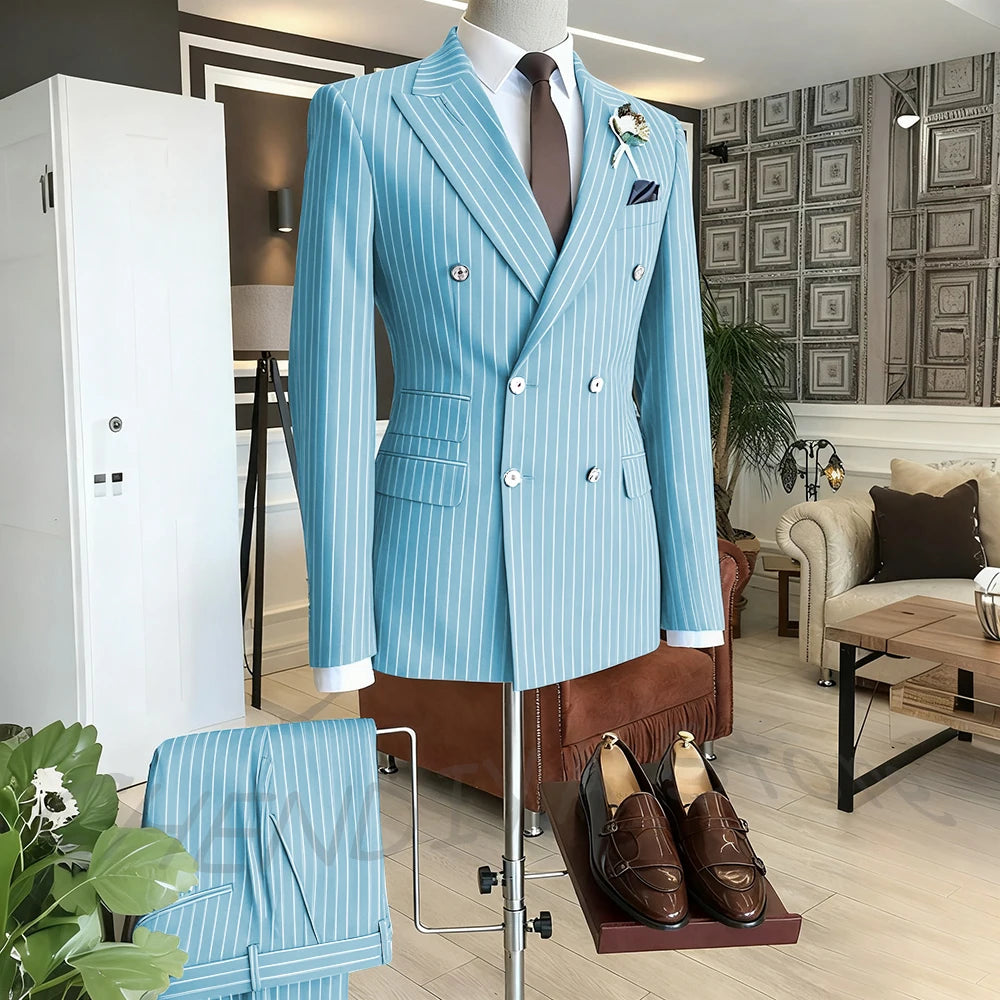Brown Striped Men Suits Double Breasted Formal Outfits 2 Piece Male Clothing Business Casual Tailored Party Prom Jacket Pants