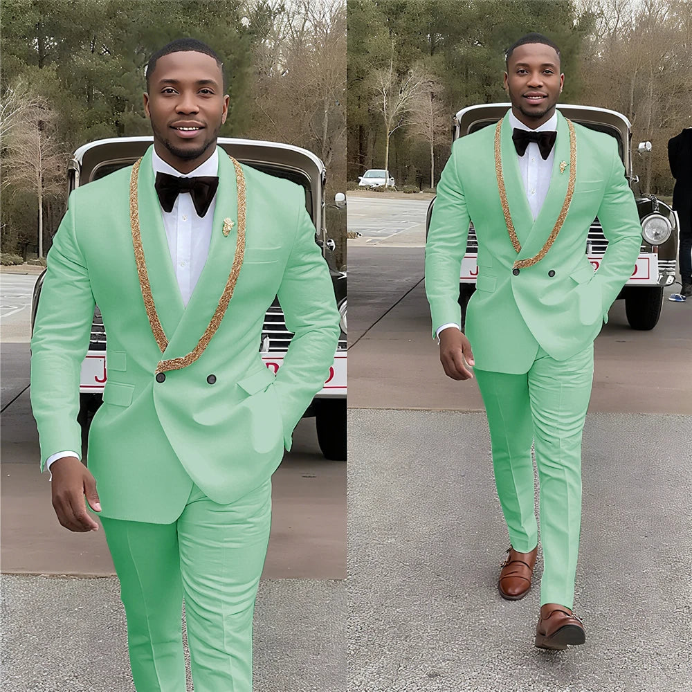Handsome Men's Suits Double Button Shawl Lapel Solid Color Outfit Man Set 2 Piece Casual Daily Office Prom Male Clothing