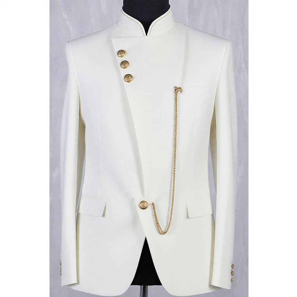 High Quality Blue Men Suit Casusl Blazer Single Breasted Stand Collar African Slim Fit Modern Style Outfits Jacket Pants