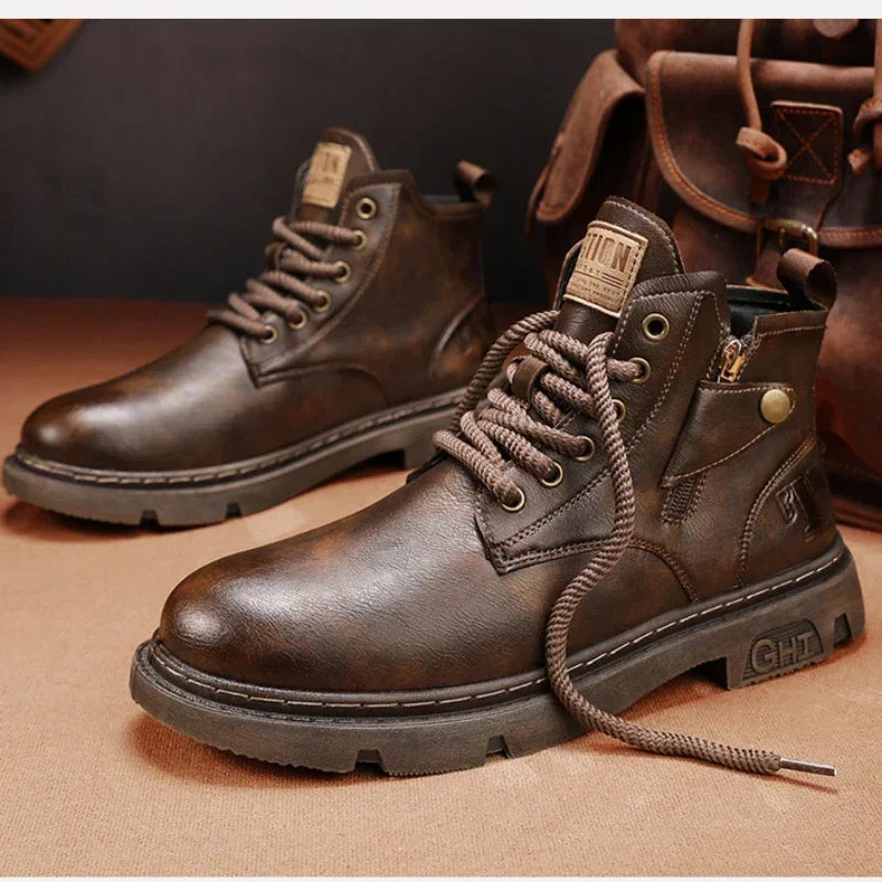 Men's Biker Boot Winter Outdoor Motorcycle Retro Style Leather Boots Man High Top Casual Shoes Trendy All-match Wear-resistant88