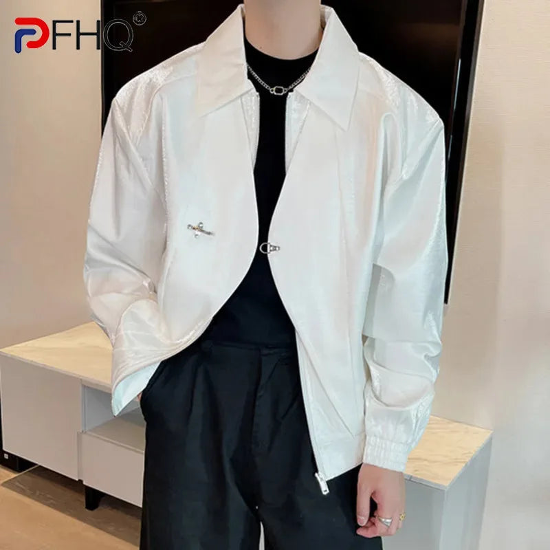 PFHQ Niche Design Men's Jackets Business Casual Metal Buckle Fake Two-piece Lapel Loose Male Short Coats Autumn New 9C7661