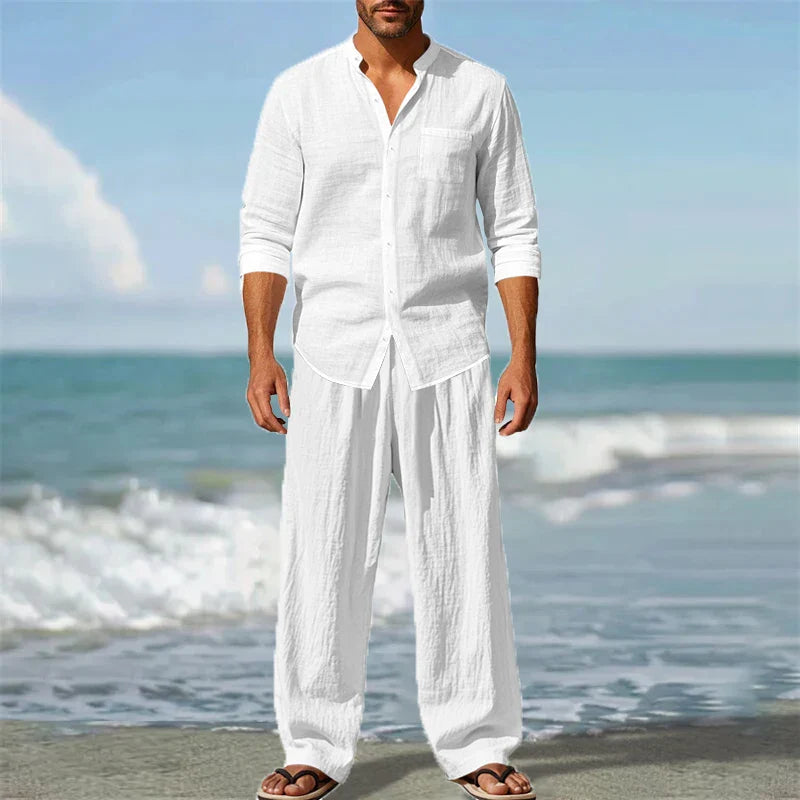 2025 Cross-border American Four Seasons Linen Men's Casual Relaxed Breathable Long Sleeve Pants Shirt Beach Suit