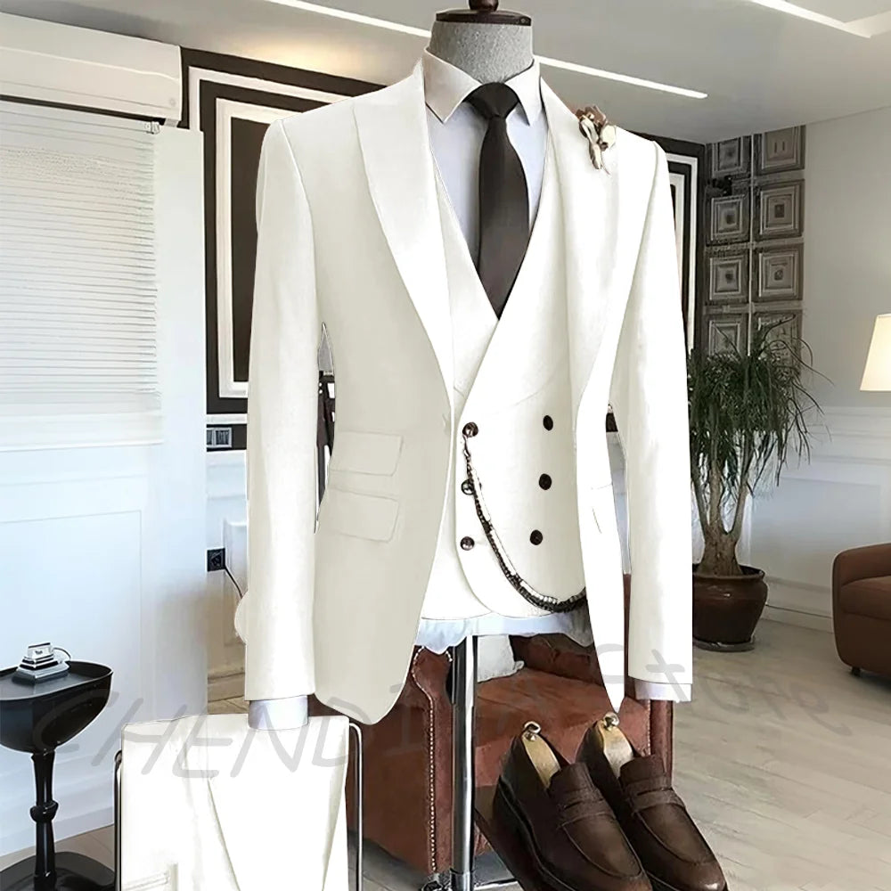 Men's Suit Formal Set 3 Piece Chic Single Button Peak Lapel Slim Fit Outfit Jacket Pants Vest High Quality Business Casual