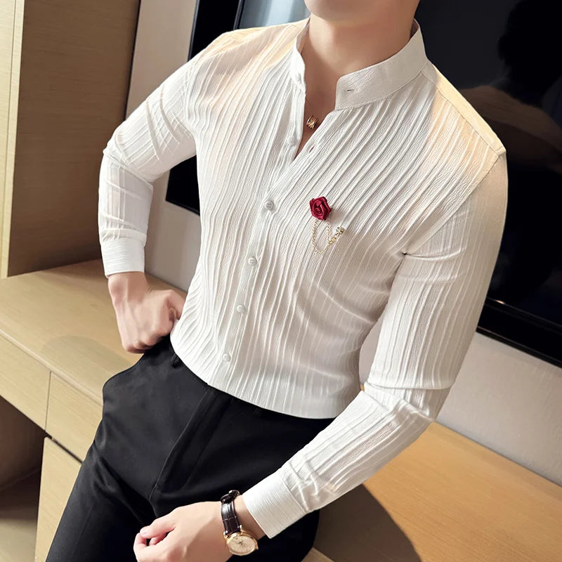 Quality Shirts For Men Korean Luxury Clothing Stand Collar Slim Fit Long Sleeve Men's Social Shirt Dress With Floral Brooch 4XL