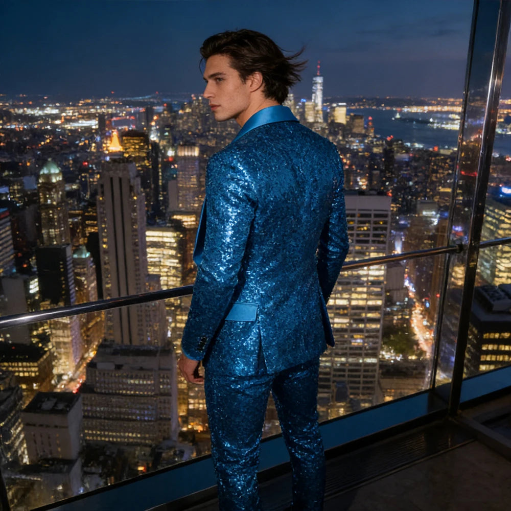 Men's Sequin Tuxedo Suit Set Shiny One Button Satin Patchwork Shawl Lapel Slim Fit 2 Piece Blazer Pants For Wedding Party Prom