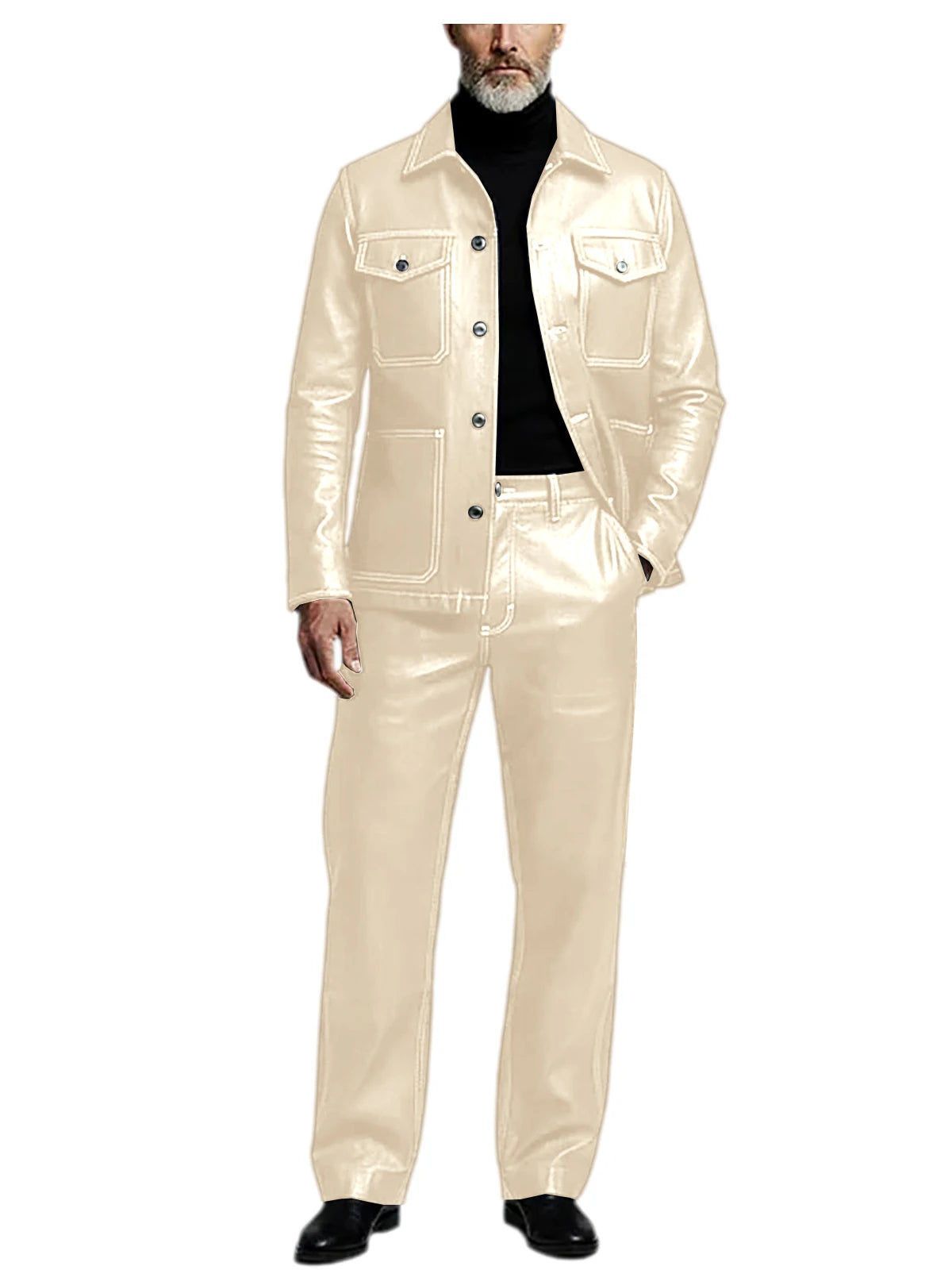 Men's 2 Piece PU Leather Suit Set Multi Pocket Shirt Collar Trucker Jacket Straight Leg Pants Business Casual Streetwear Outfits