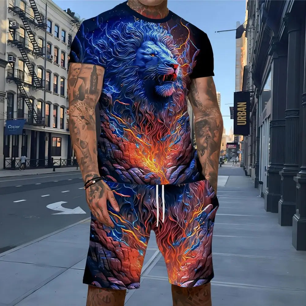 2025 Summer Lion Animal 3D Print T-Shirts Short Sets Men's Tracksuits Oversized Short Sleeve T Shirt Pant Man Suits Y2k Clothing