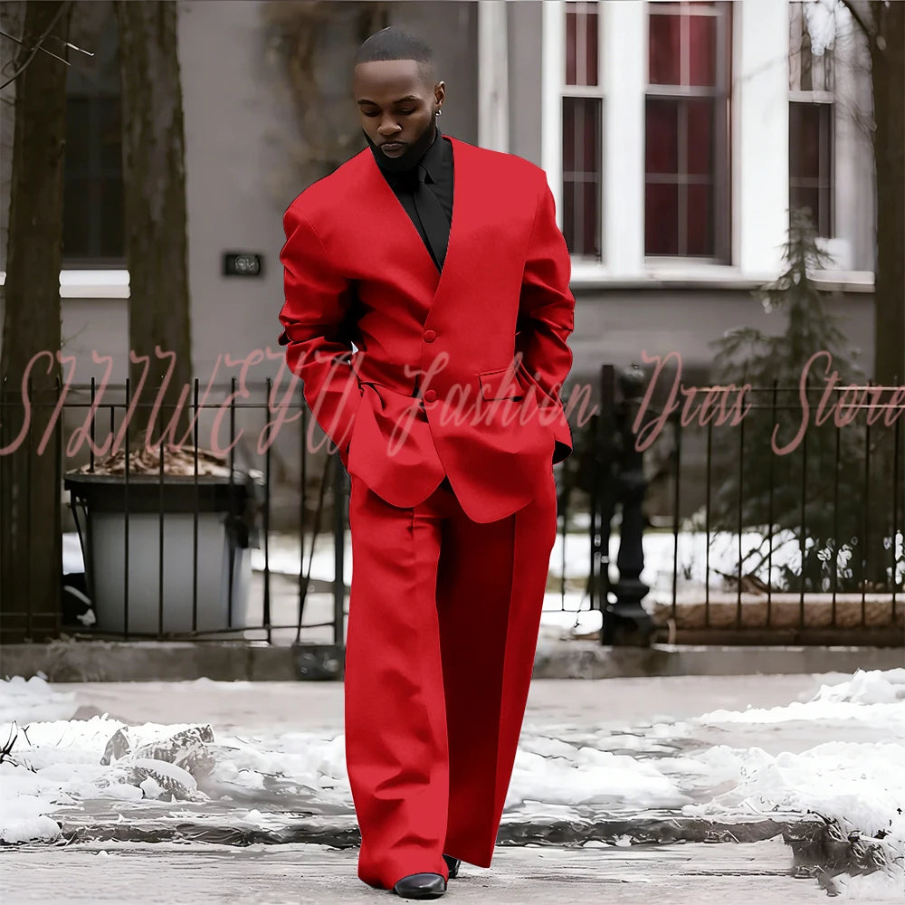 Single Breasted Red Men's Suit 2 Pieces Jacket Pants Loose Style Business Casual Work Commute Daily Social Blazer Set
