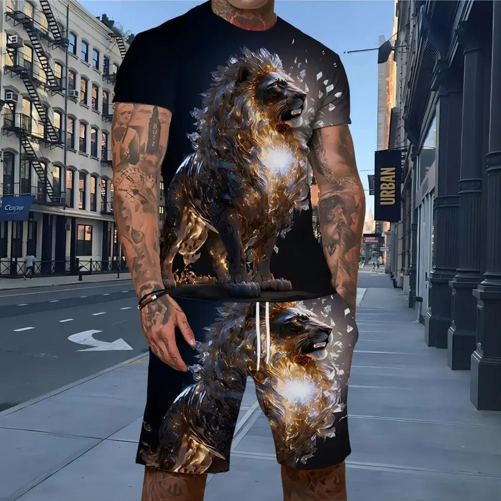 2025 Summer Lion Animal 3D Print T-Shirts Short Sets Men's Tracksuits Oversized Short Sleeve T Shirt Pant Man Suits Y2k Clothing