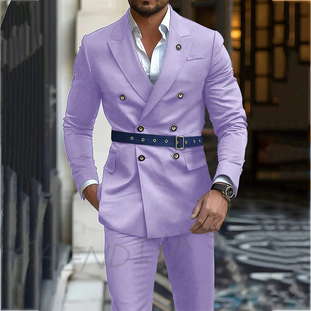 Navy Blue Men's Suit Classic Peak Lapel Blazer Double Breasted Formal Set Two Piece Business Casual Male Clothing Without Belt