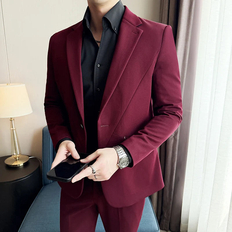 (Jacket+Pant) New Men Pure Color Business Social Wedding Party Suit Fashion Male Banquet Party Slim Fit Dress Blazer and Trouser