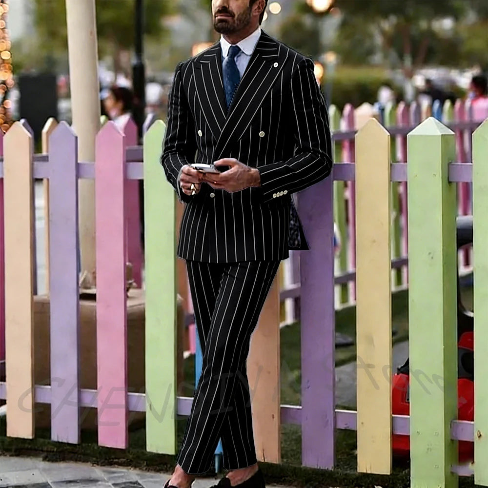 Light Purple Striped Men Suit England Style Peaked Lapel Double Breasted Classic Male Clothing Wedding Groom Tuxedo Custom Set