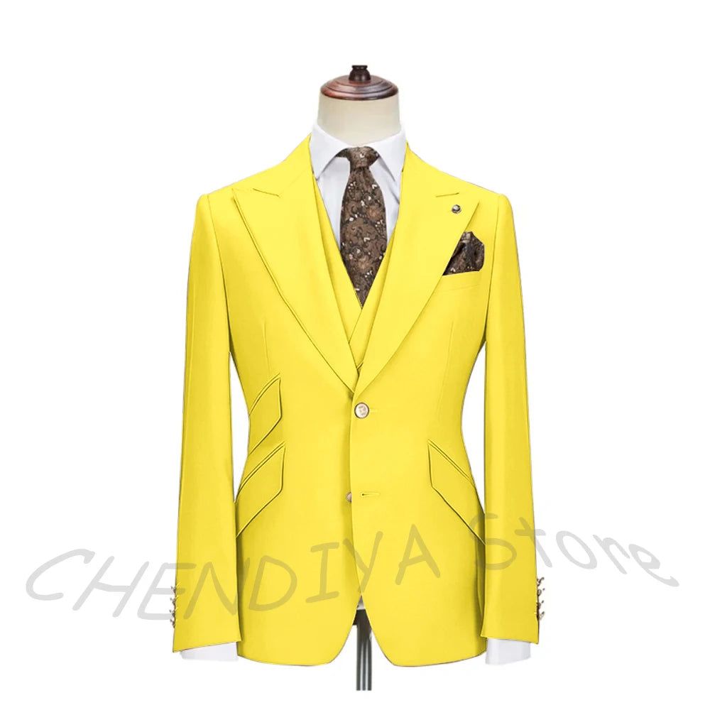 Solid Color Men's Suits 3 Piece (Blazer+Pants+Vest) Fashion Peak Lapel Single Breasted Prom Male  Business Casual Clothing