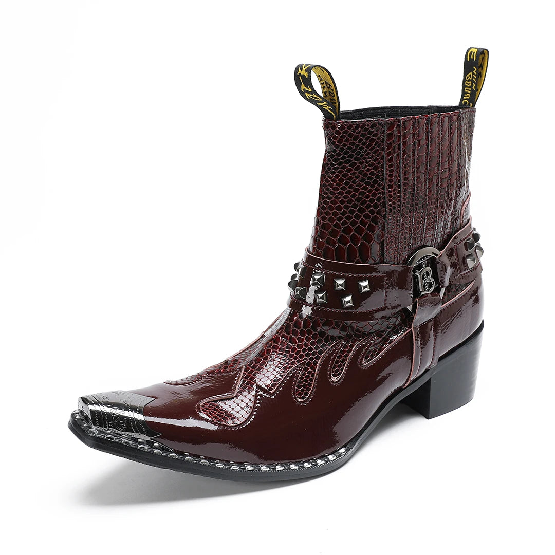 New Men's Genuine Leather Mid-Heel Riding Boots Slip-On Dress Shoes Punk Totem Studded Iron Toe Western Chelsea Boots