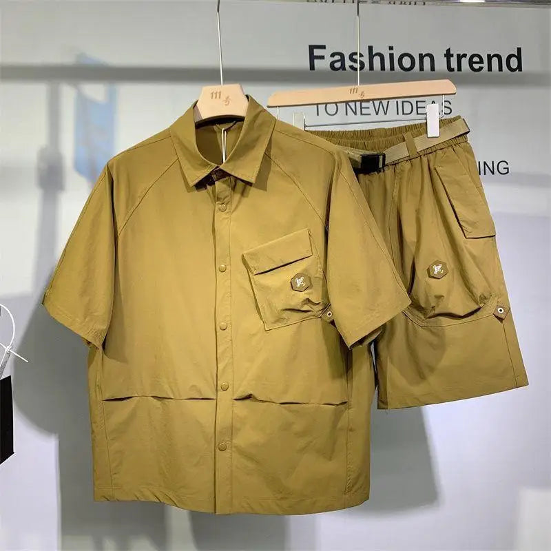 Summer American Vintage Loose Workwear Casual Set Men Fashion Shirt Shorts Two-piece